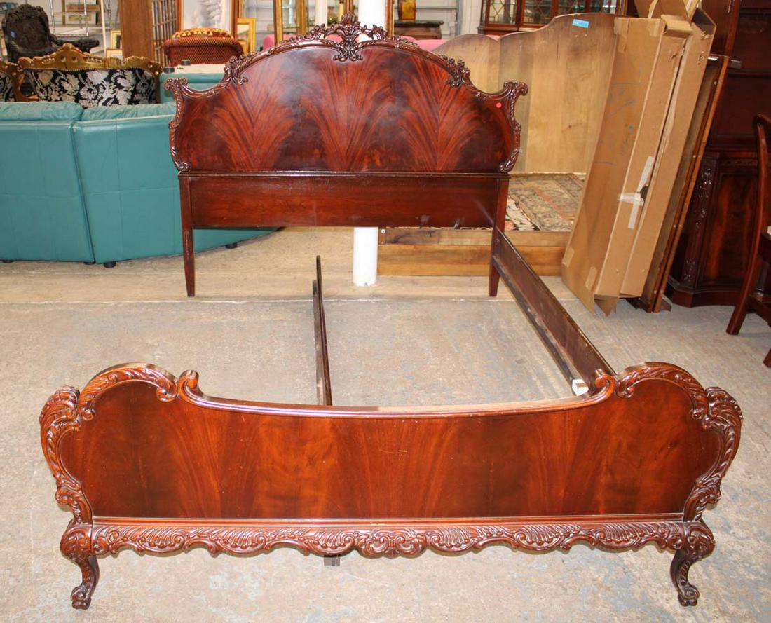 Vintage burl mahogany French carved full size bed with rails (1 of 4)