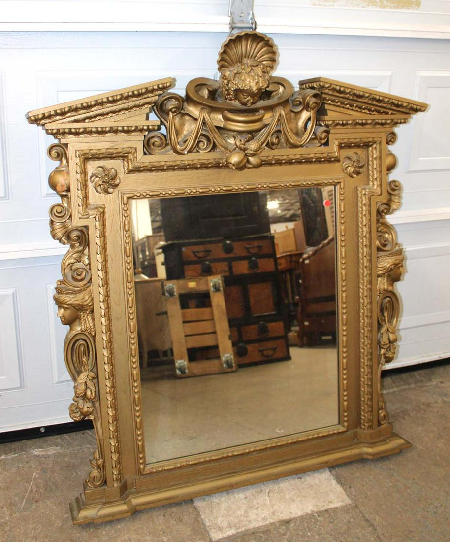 Antique highly carved mantle mirror with Victorian head and cherubs, top has been repaired years ago (1 of 7)