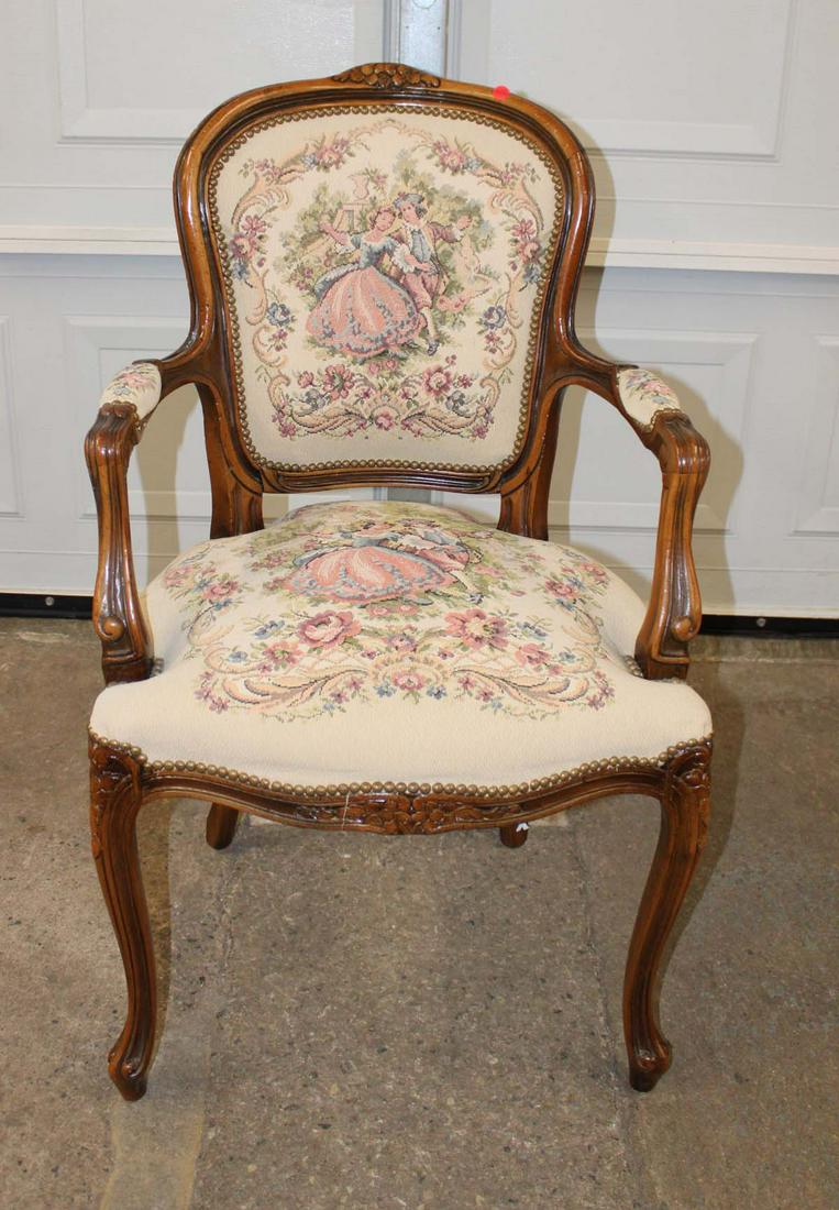 French needlepoint on walnut frame arm chair: French needlepoint on walnut frame arm chair approx. 23" w x 20" d x 37" h seat height 19"