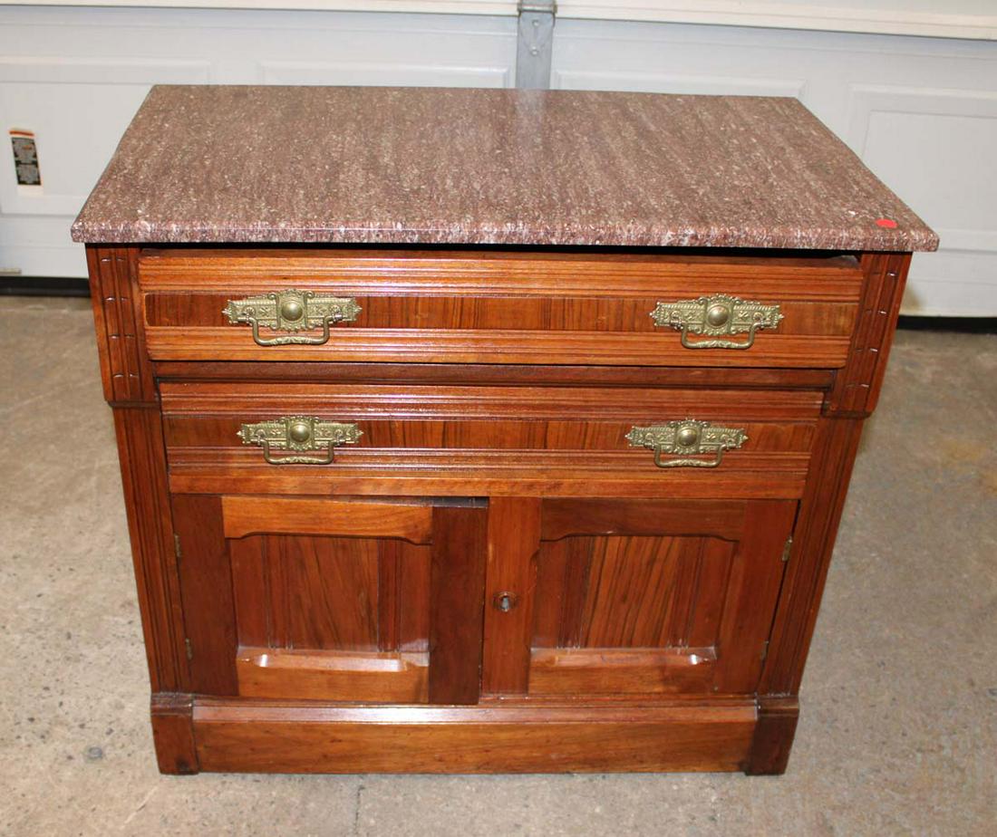 Antique Victorian walnut Tennessee Brown marble top 2 drawer 2 door washstand (1 of 4)