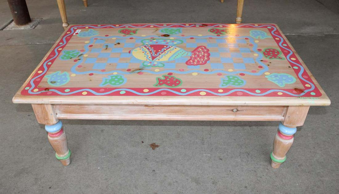 Knotty pine paint decorated coffee table: Knotty pine paint decorated coffee table approx. 48" w x 30" d x 16" h