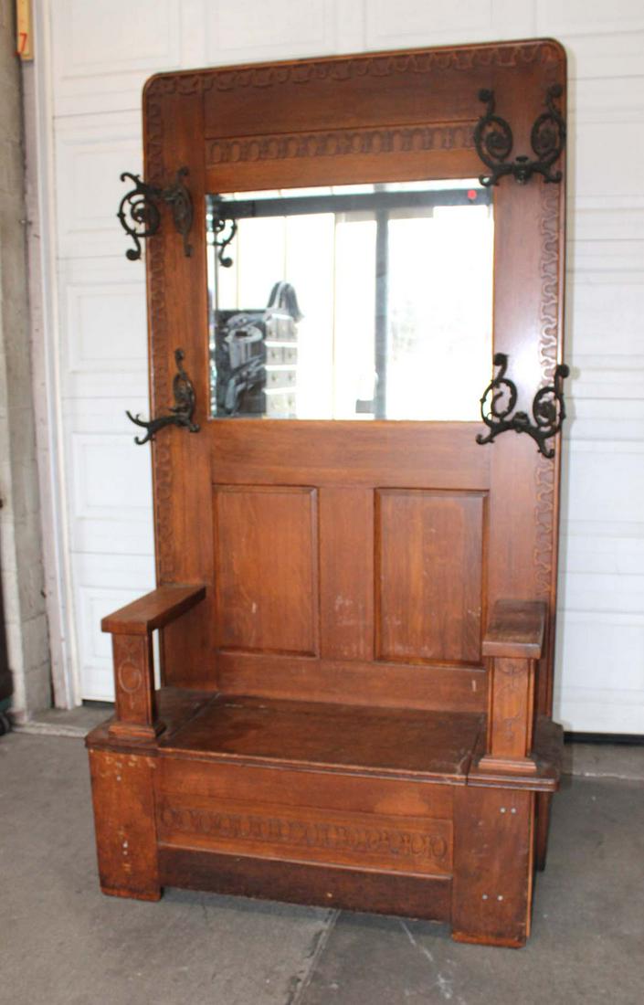 Antique carved oak lift top hall rack with fancy hooks (1 of 8)