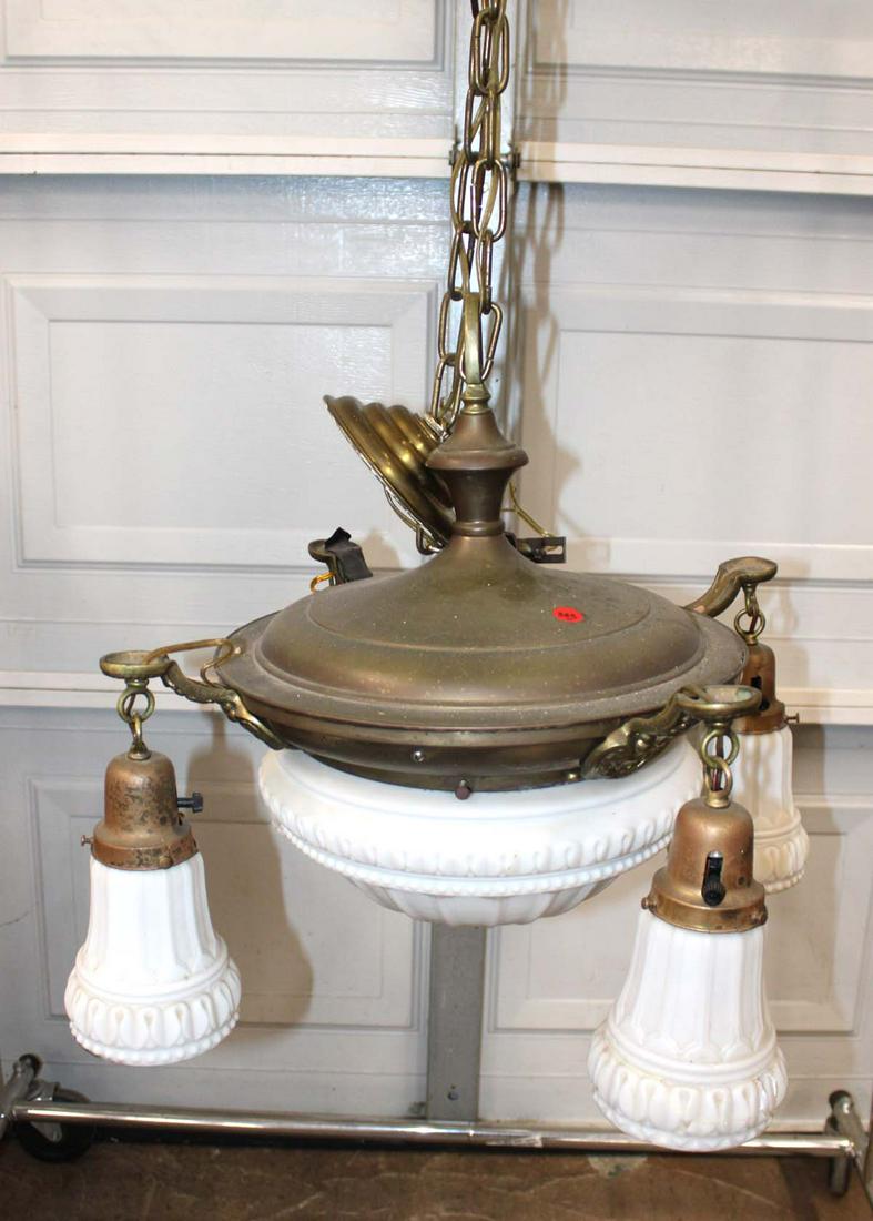 Vintage brass and white glass hanging light fixture (1 of 5)