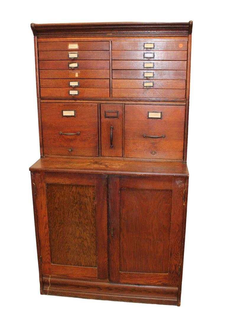 Antique Lundstrom 3 section oak file document cabinet in original finish (1 of 5)
