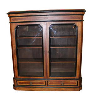 Antique marked Alexander Roux 2 door 2 drawer Victorian walnut bookcase in original found condition: Antique marked Alexander Roux 2 door 2 drawer Victorian walnut bookcase in original found condition and finish approx. 60" w x 17" d x 64" h