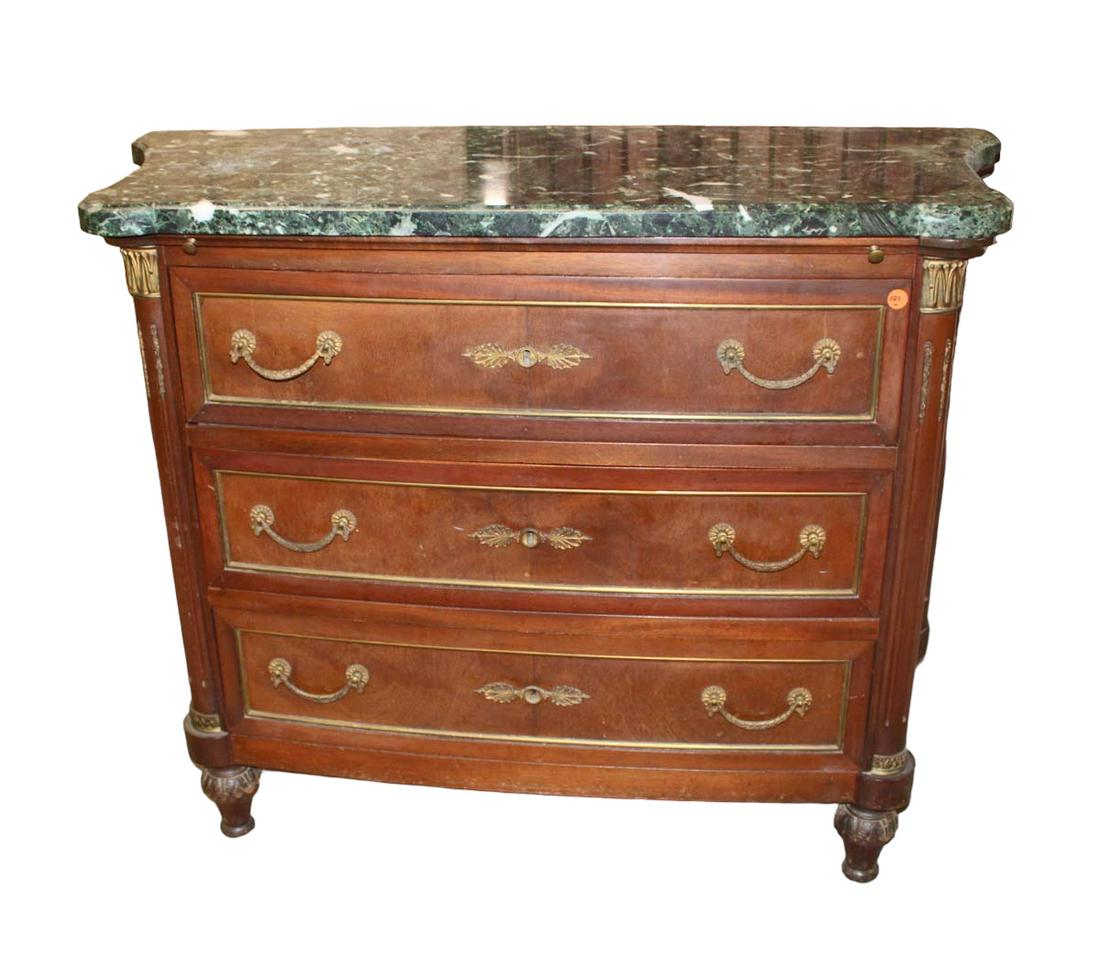 Semi Antique French Style Marble Top 3 Drawer Mahogany Chest With