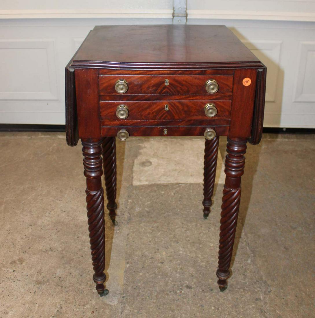 Antique Empire burl mahogany drop side 2 drawer sewing stand, missing cloth cabinet (1 of 5)