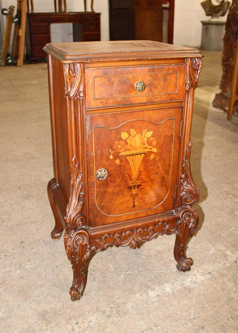 Antique French style carved burl walnut nightstand with exotic wood inlay (1 of 6)