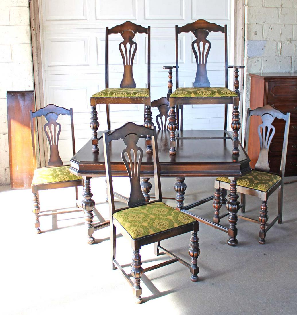 Antique depression walnut 7pc dining room table with 6 chairs and (1) 12" leaf (all as is): Antique depression walnut 7pc dining room table with 6 chairs and (1) 12" leaf all as is, approx. Table: 54" w x 44" d x 30" h Arm Chair: 25" w x 19" d x 42" h Side Chairs: 19" w x 19" d x 42" h seat