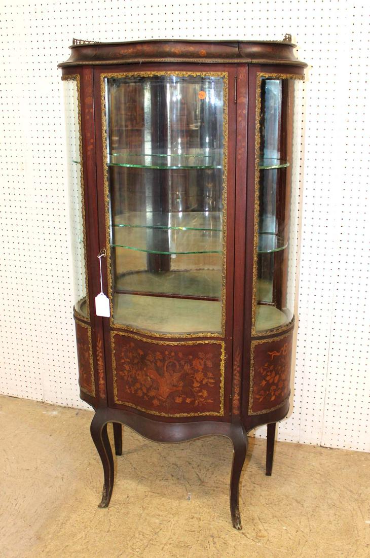 Beautiful antique French marquetry inlay serpentine display case with original glass shelves (1 of 9)