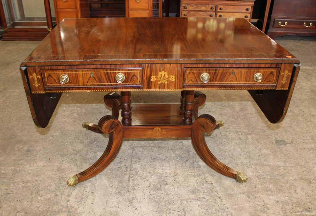 Baker Regency style burl walnut drop side 2 drawer table with inlay, some inlay loss (1 of 6)