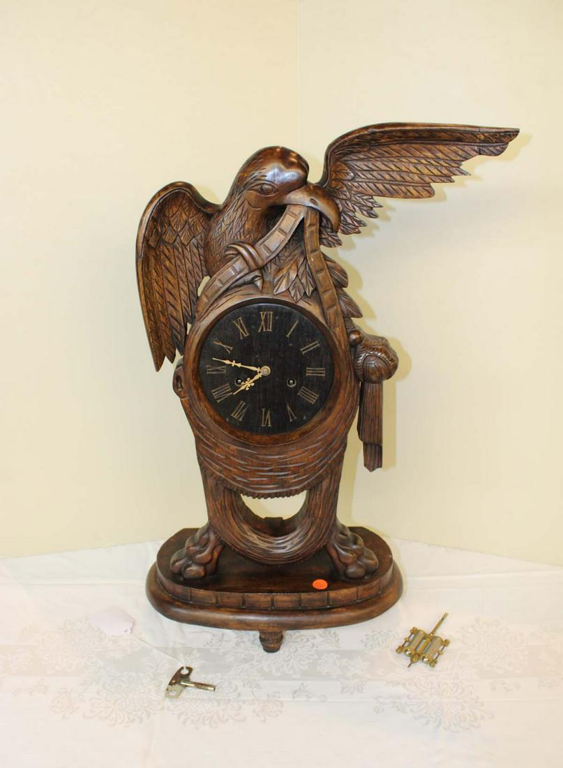 Hand carved mahogany eagle clock with key and pendulum (1 of 8)