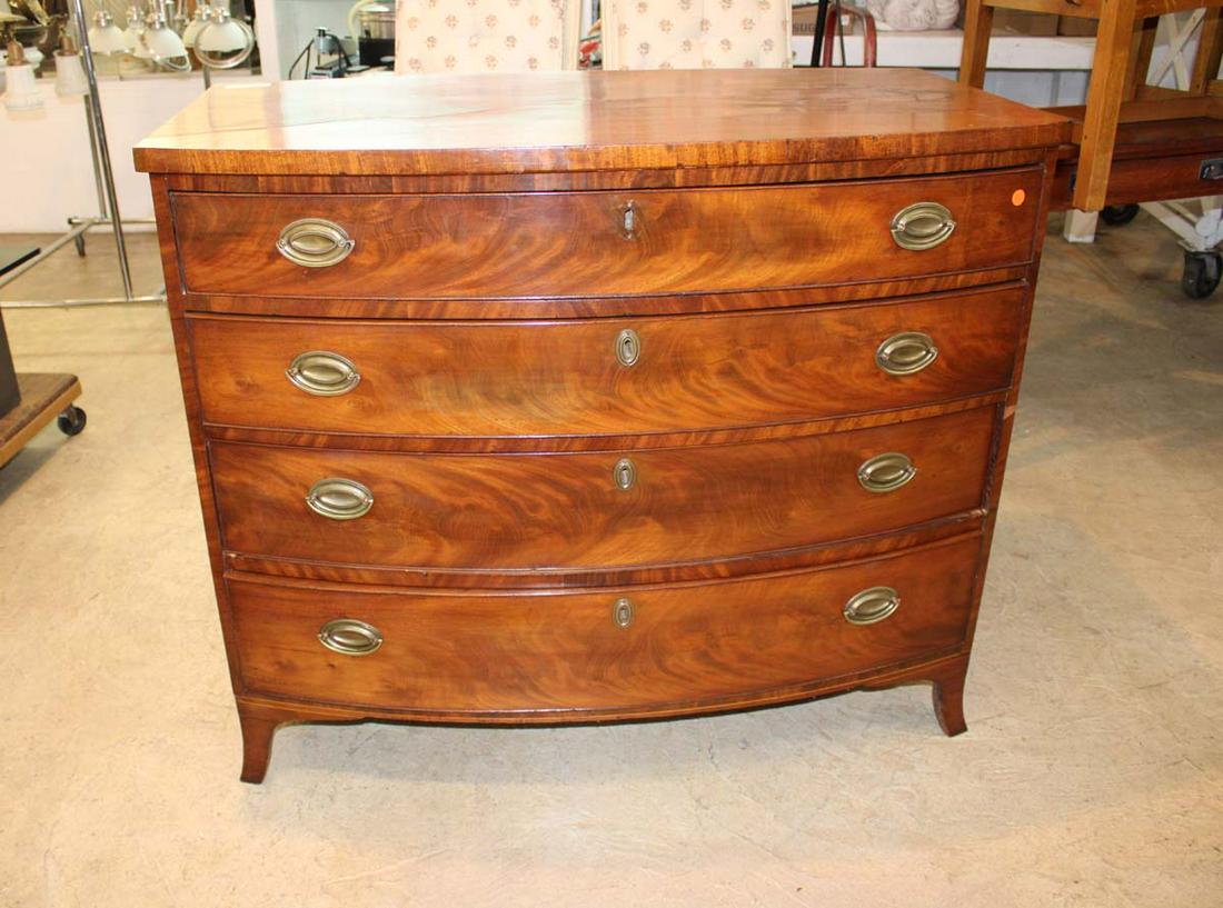Antique burl mahogany bow front 4 drawer Hepplewhite style chest (1 of 5)