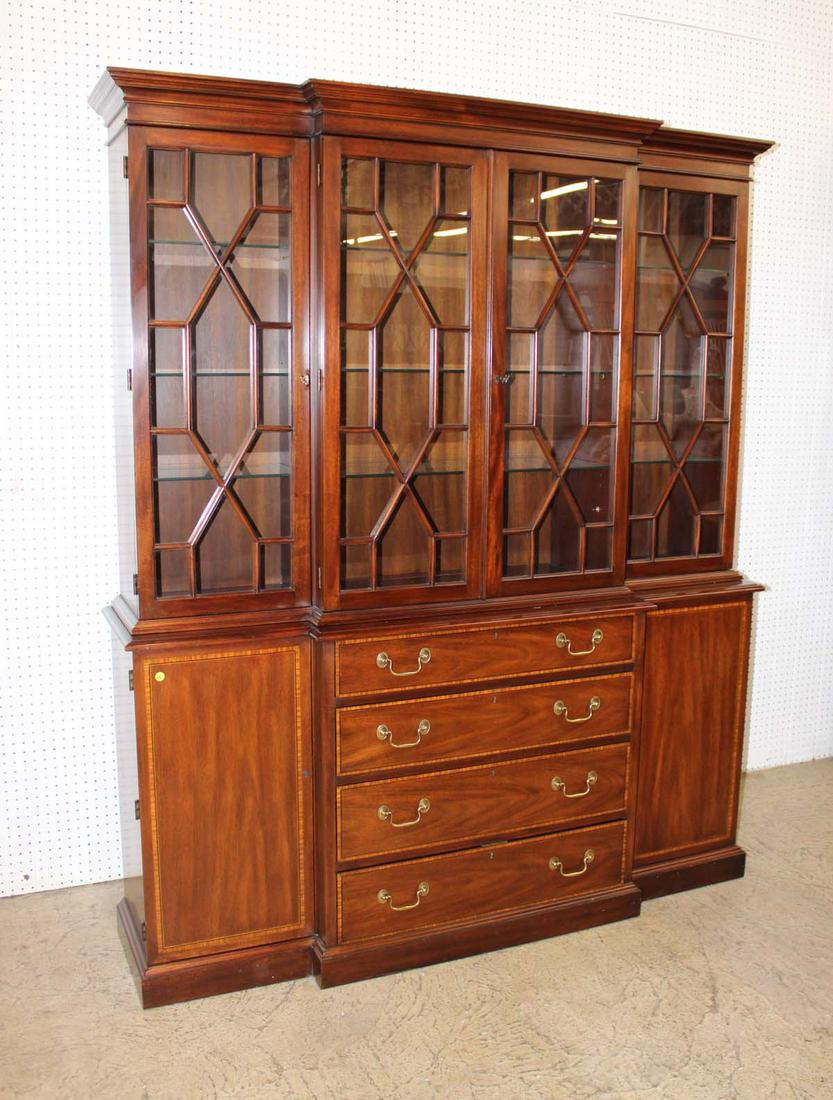 Henkel Harris 2pc banded solid mahogany 4 door china buffet approx. 65" w x 17" d x 78" h top 45" (1 of 7)