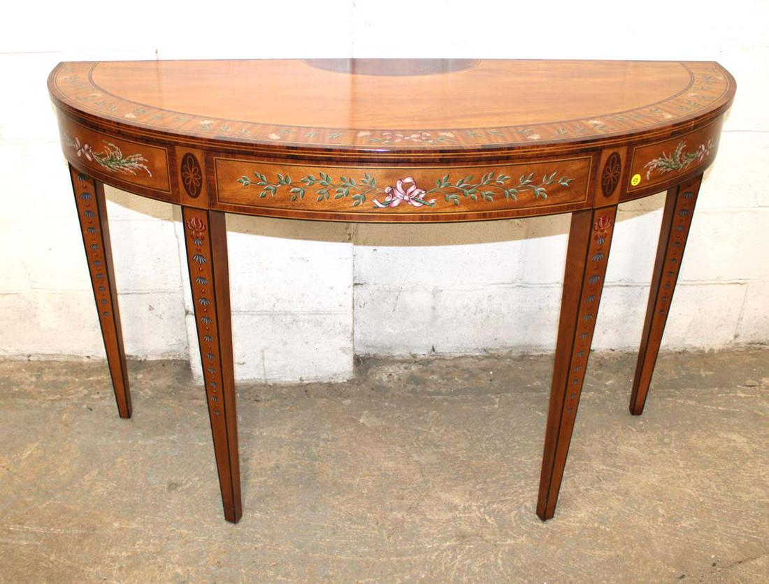 Beautiful Adams style paint decorated Demilune console with exotic wood inlay by Wellington Hall (1 of 6)