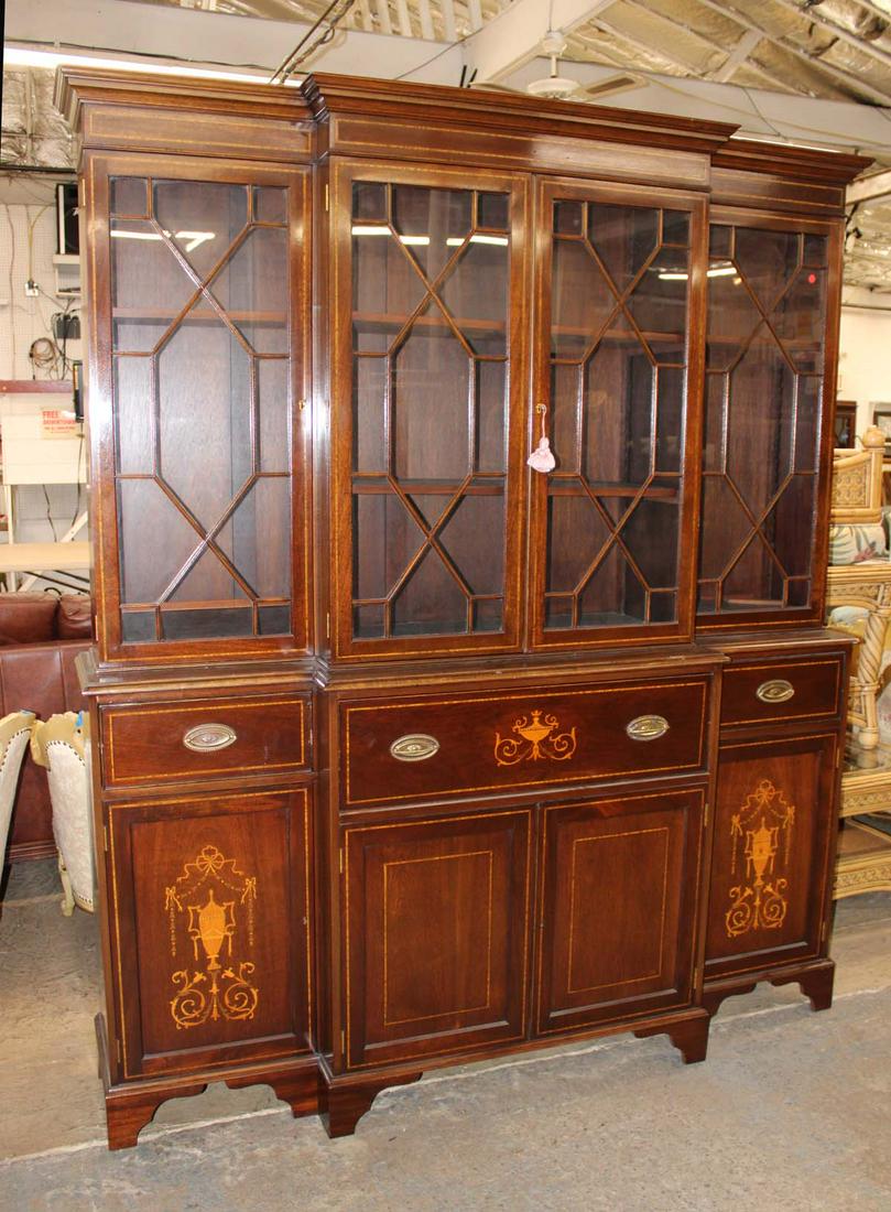 Nice semi antique 2pc inlay mahogany 4 door breakfront with nice fitted desk, individual paned glass (1 of 3)