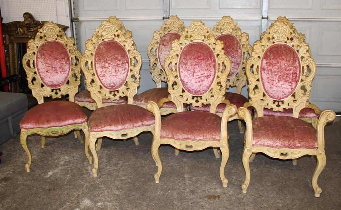 Set of 8 Vintage Italian carved dining room chairs, has some staining: Set of 8 Vintage Italian carved dining room chairs, some staining approx. Arm Chairs: 27" w x 23" d x 48" h Side Chairs: 22" w x 19" d x 48" h seat heights 20"