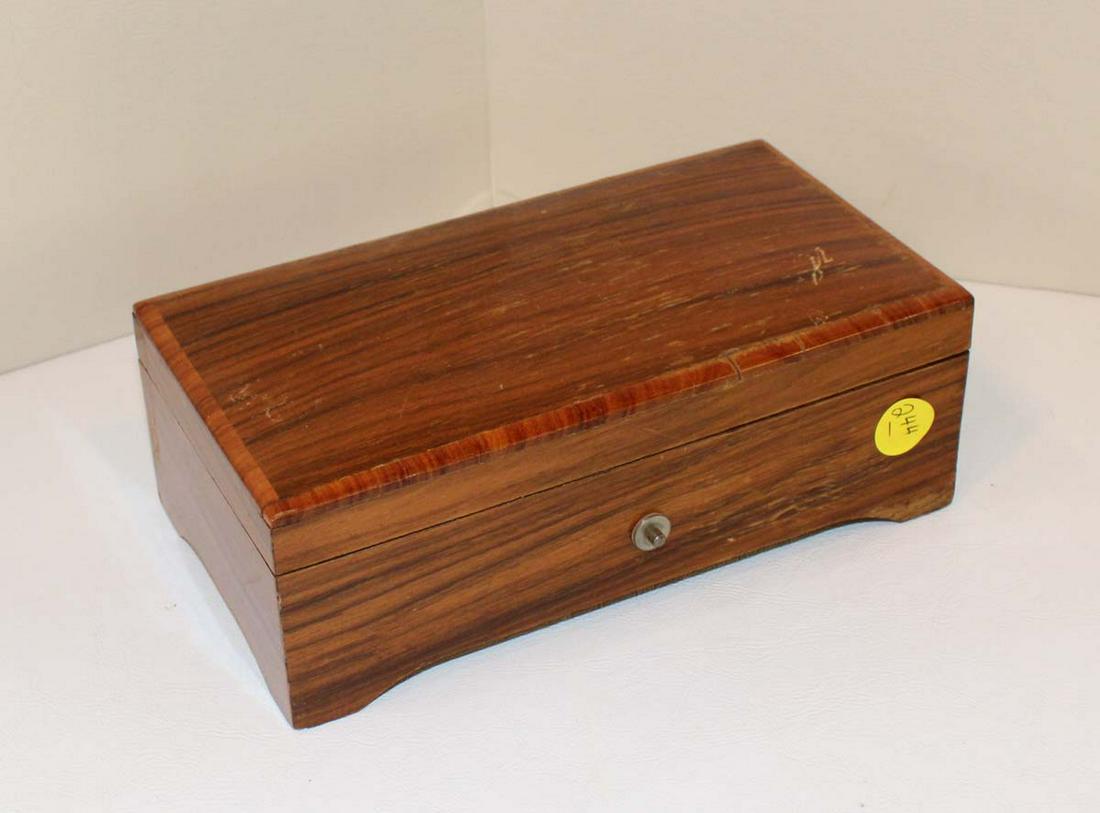 Thorens vintage exotic burl walnut Swiss music box, single comb, teeth are good, working: Thorens vintage exotic burl walnut Swiss music box, single comb, teeth are good, working, case has some wear, approx. 8" x 4 1/2" x 3"