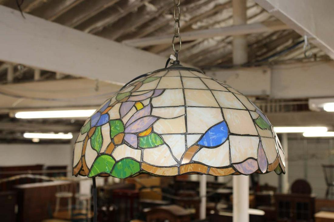Vintage flower stained lead glass hanging shade, no damage seen, suggest rewiring (1 of 2)