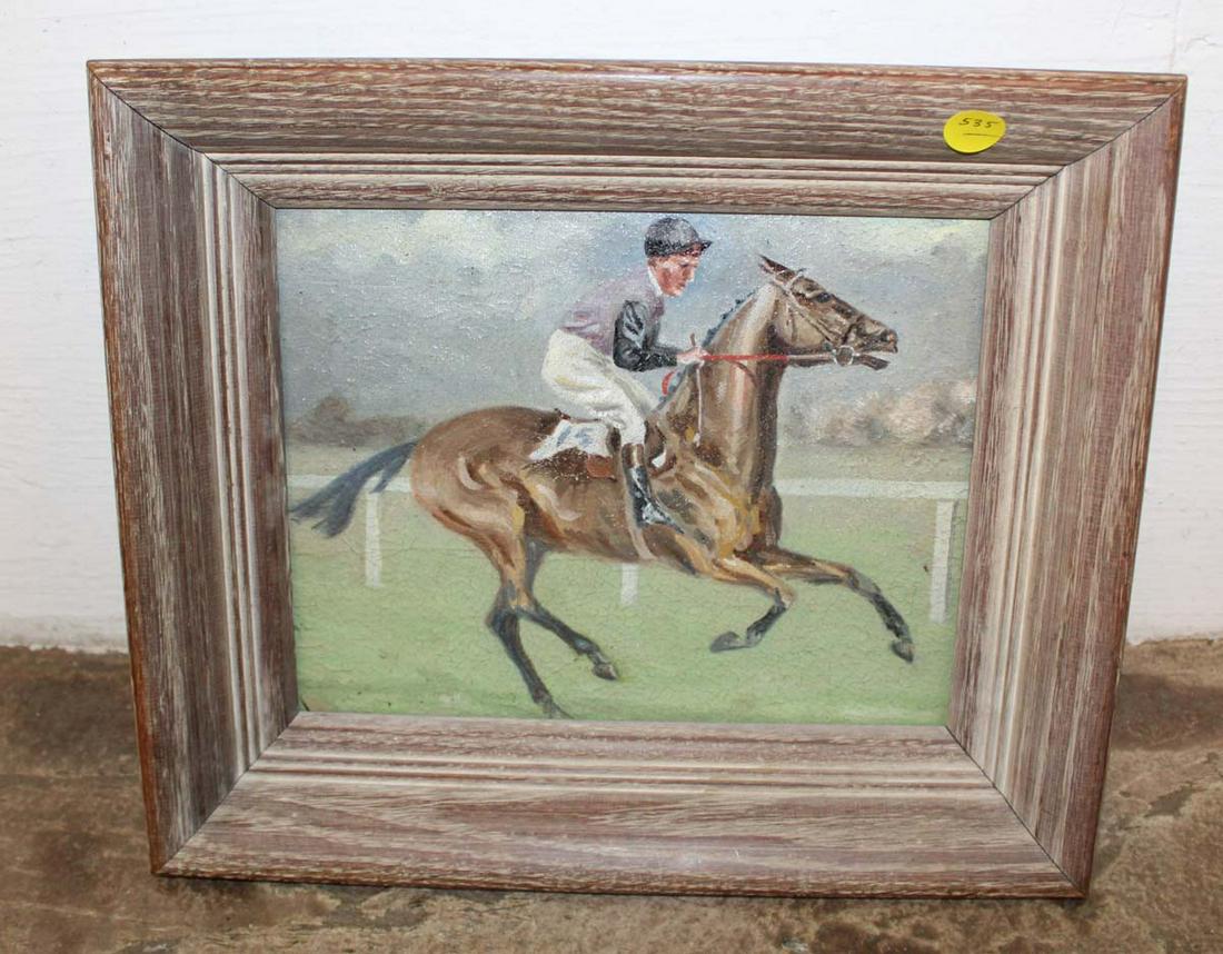 Mid Century oil print on board of race horse with jockey, original frame (1 of 2)