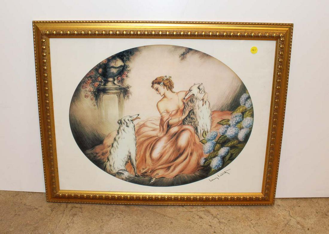 Framed print marked Louis Icart of woman with dogs (1 of 3)
