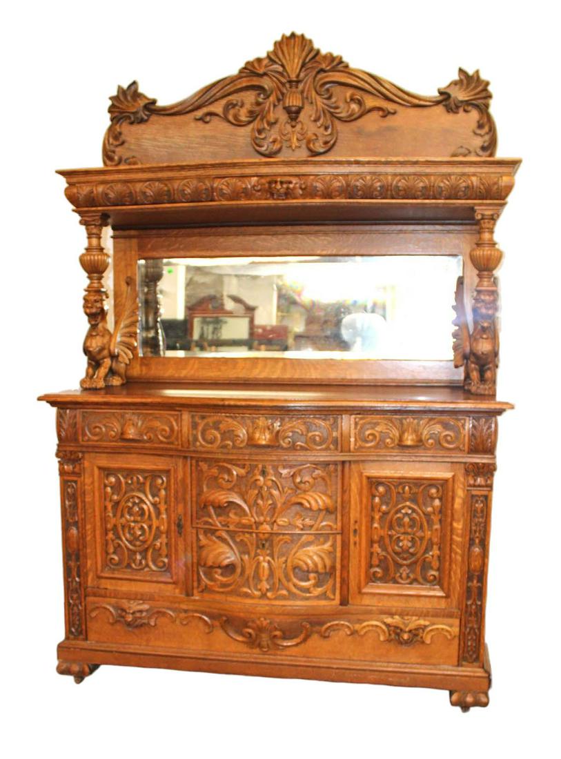 Antique highly carved and ornate Wing Griffin oak buffet with mirror back 1 drawer hutch top (1 of 17)