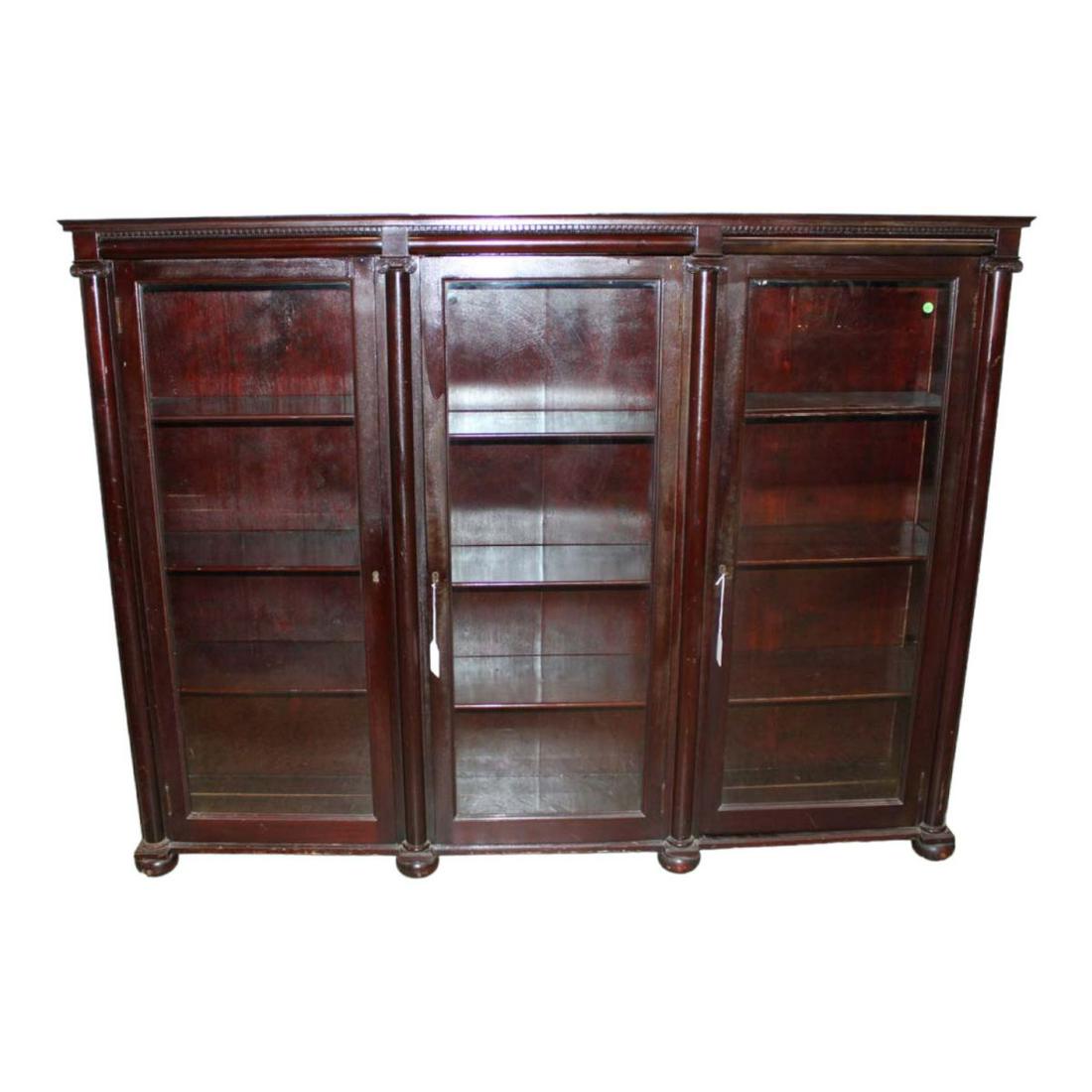 Antique mahogany 3 door bookcase with keys approx. 71" w x 14" d x 54" h (1 of 4)