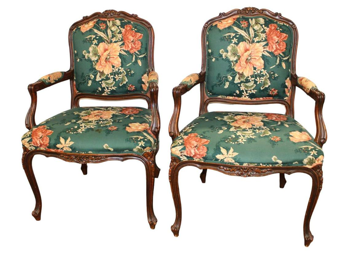 Pair of Ethan Allen French style mahogany frame arm chairs (1 of 6)