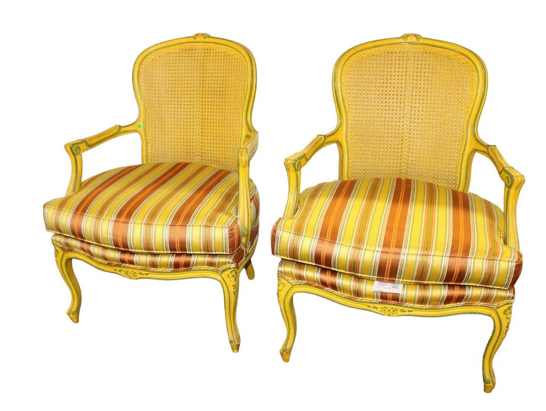 Pair of Cowen Decorations Interior Designers cane back arm chairs: Pair of Cowen Decorations Interior Designers cane back arm chairs approx. 28" w x 30" d x 38" h seat height 18"