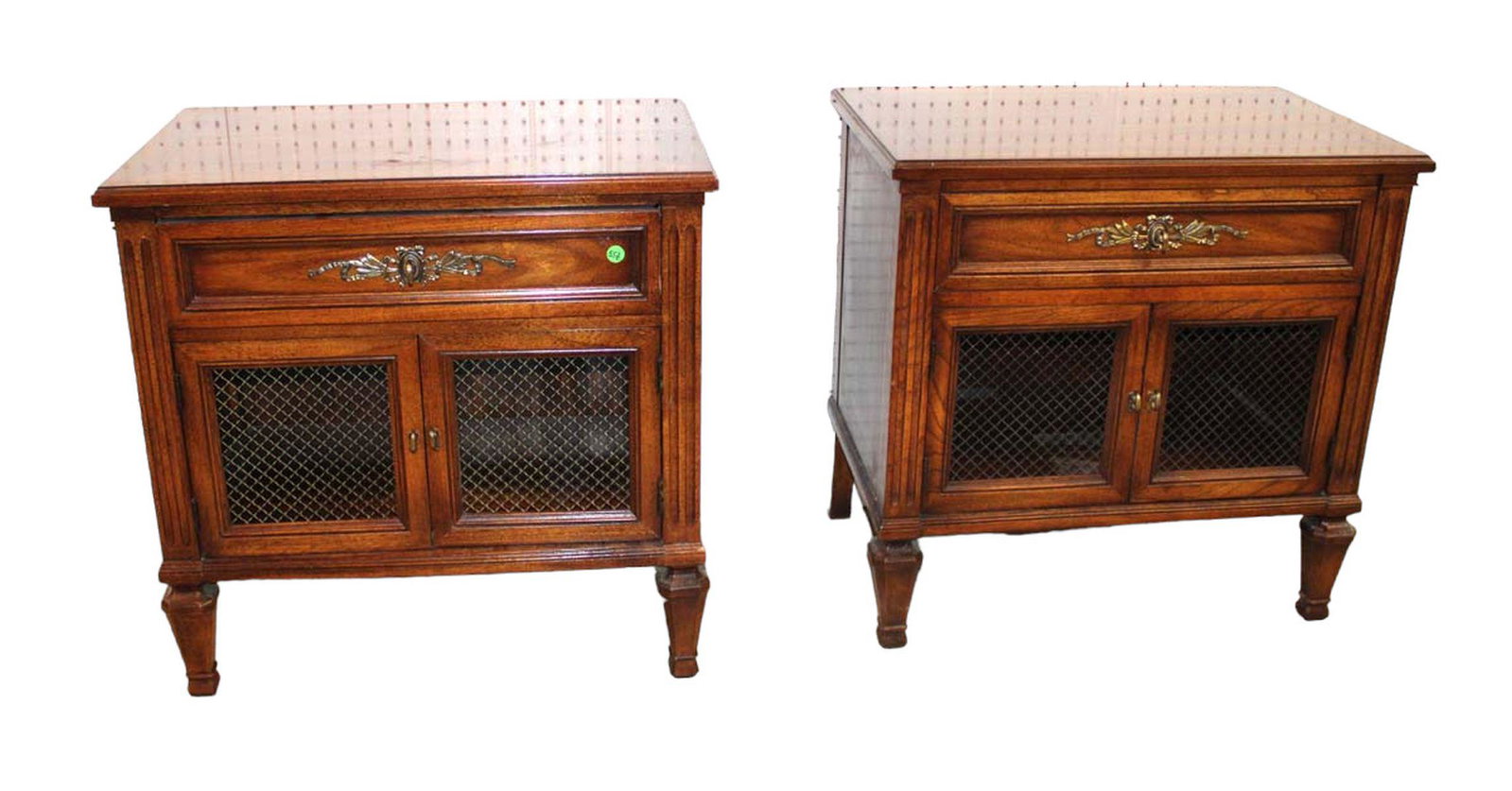 Pair of White Furniture Co. wire front 1 drawer 2 door nightstands: Pair of White Furniture Company wire front 1 drawer 2 door walnut nightstands approx. 26" w x 16" d x 26" h
