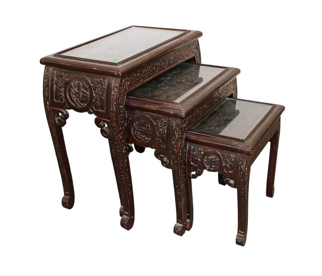 Nice 3pc set of Vintage Asian carved glass top nesting tables (1 of 4)
