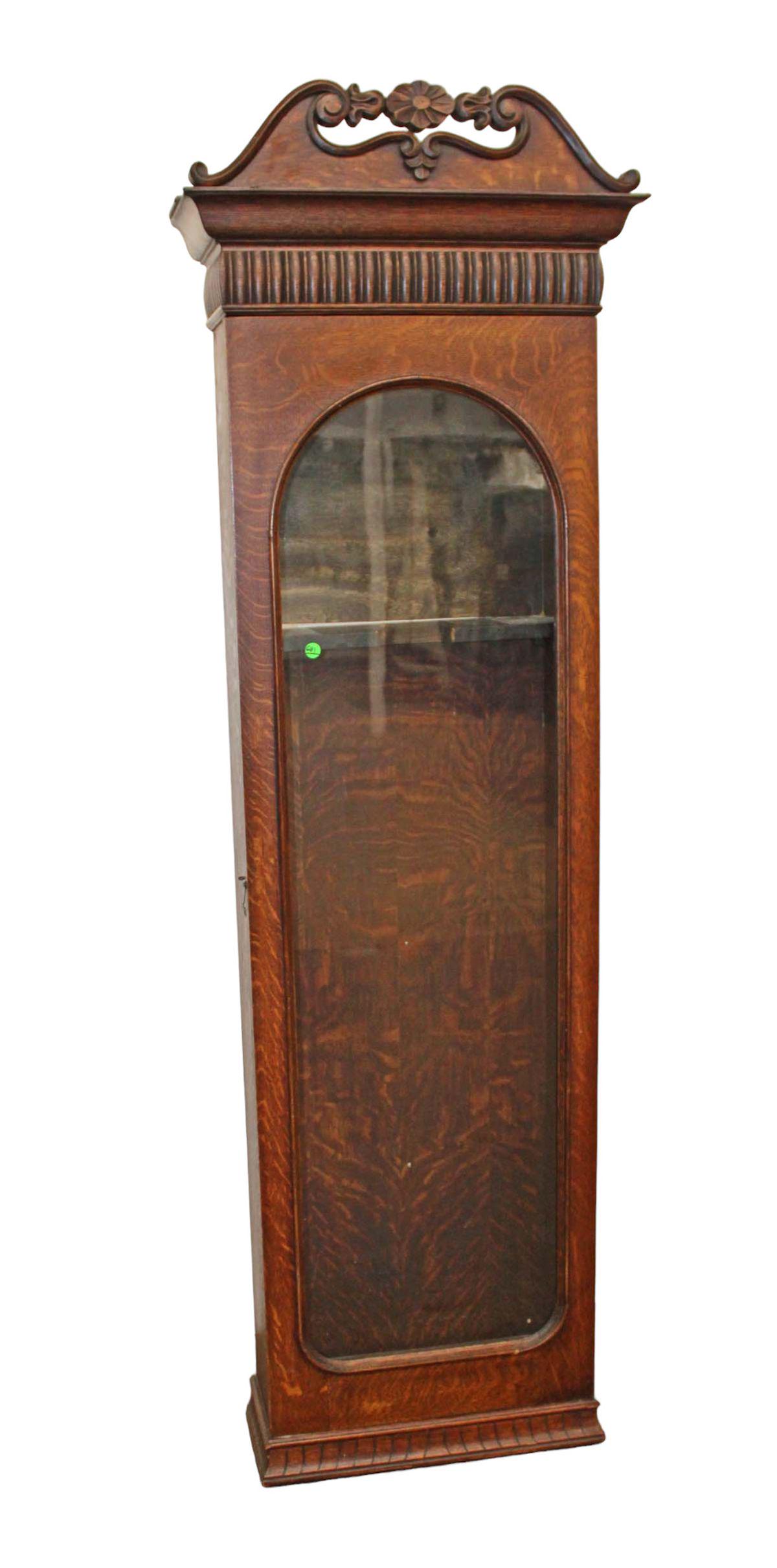 Antique oak carved case cabinet approx. 23" w x 9" d x 73" h (1 of 9)