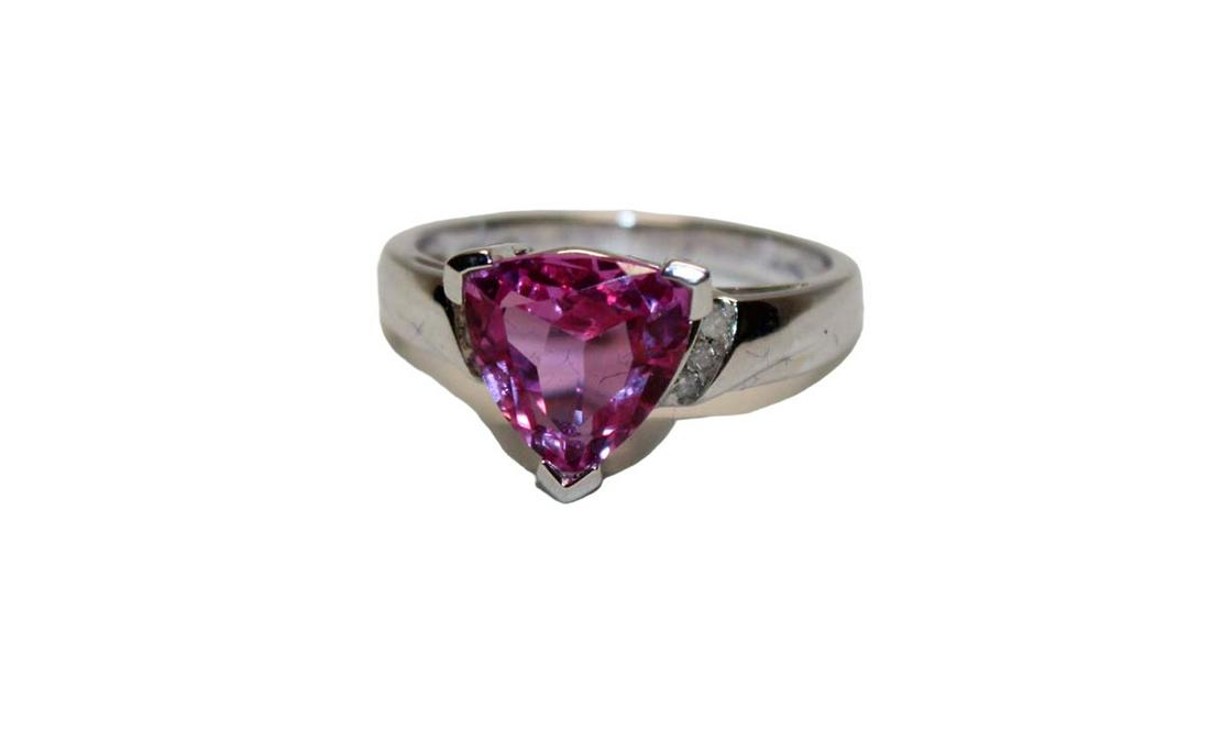Trillion cut pink topaz and diamond 10K white gold ring approx. size 7 (1 of 6)