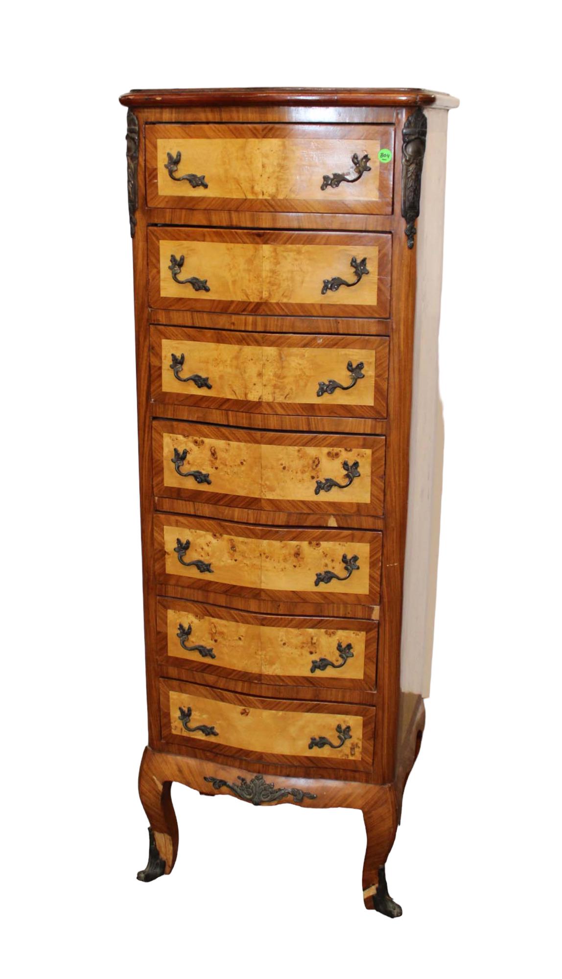 French style 7 drawer burl maple/walnut lingerie chest (1 of 7)
