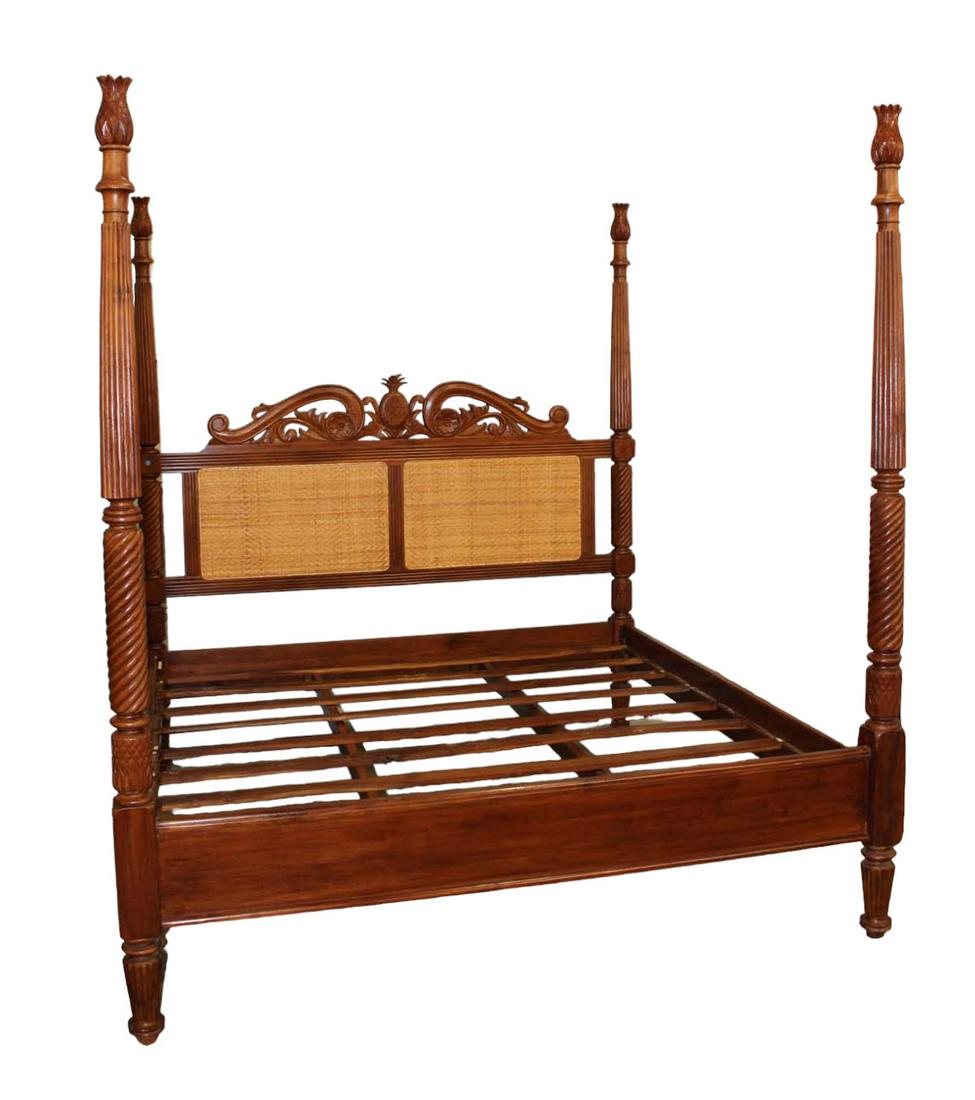 Awesome solid mahogany pineapple carved king size 4 poster bed with wicker headboard (1 of 7)