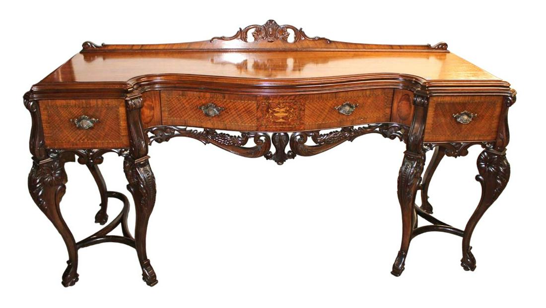 Beautiful antique carved burl walnut with exotic wood inlay 3 drawer buffet: Beautiful antique carved burl walnut with exotic wood inlay 3 drawer buffet approx. 77" w x 25" d x 44" h
