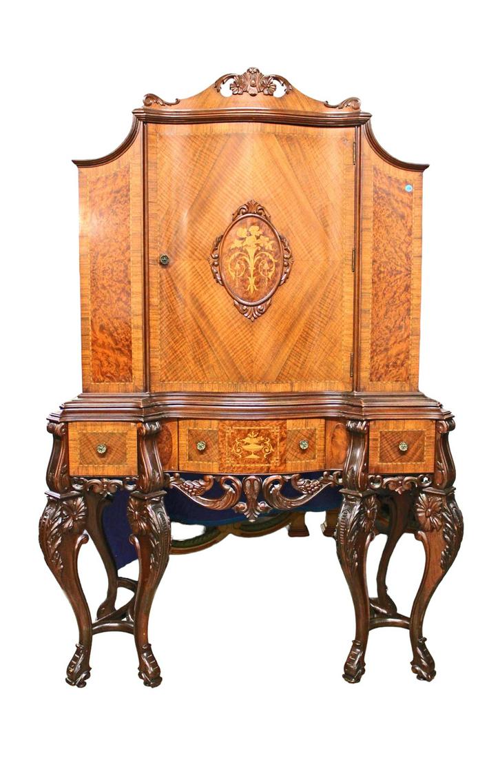 Beautiful antique carved burl walnut with exotic wood inlay 3 drawer 1 blind door china cabinet (1 of 6)