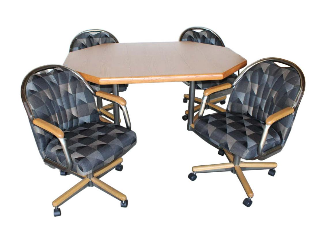 Vintage modern 5pc Chrome Craft kitchen table with 4 chairs: Vintage modern 5pc Chrome Craft oak top kitchen table with 4 rolling and swivel chairs approx. Table: 42" w x 42" d x 30" h Leaf: 17" Chairs: 23" w x 25" d x 34" h Seat height 18"