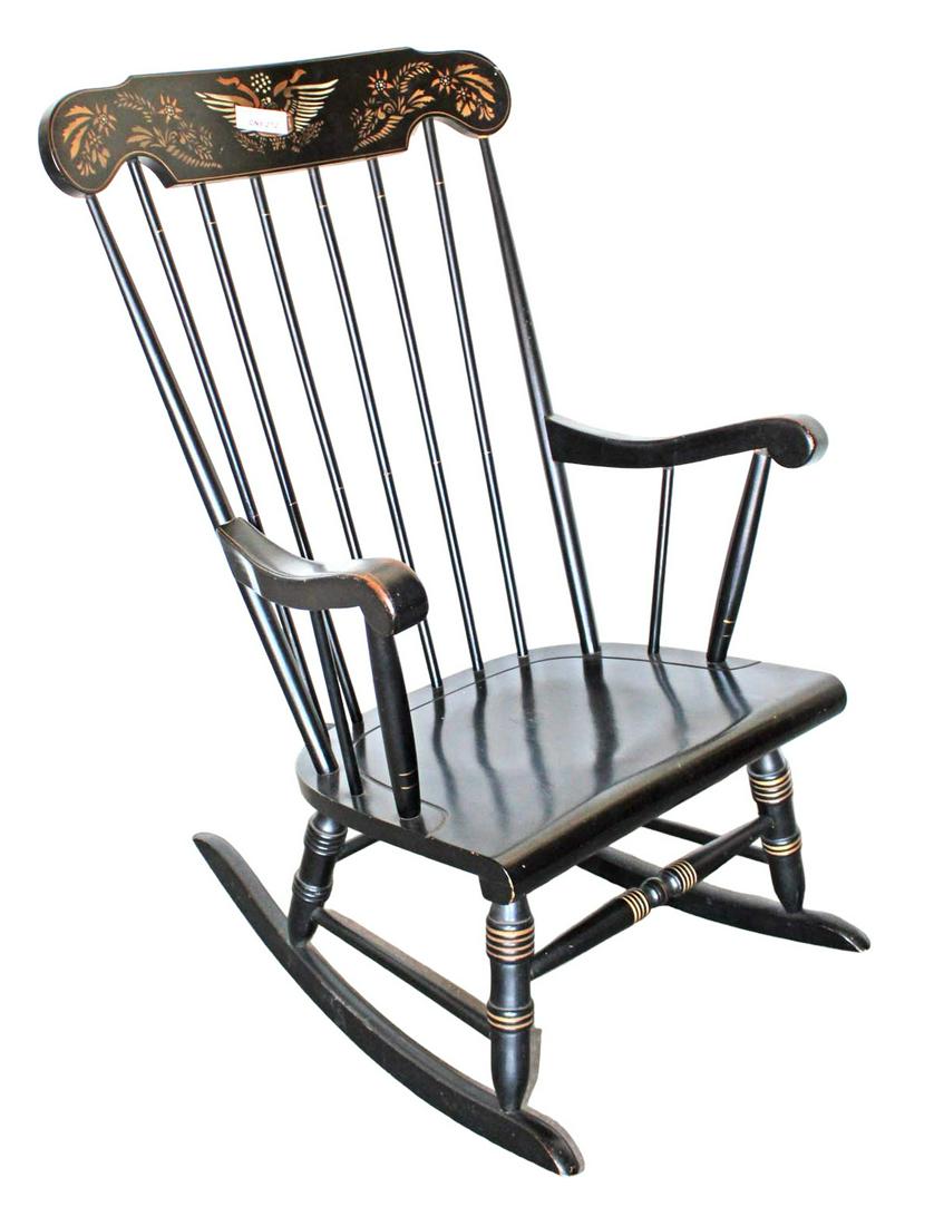 Vintage black stenciled rocking chair marked Lock: Vintage black stenciled rocking chair marked Lock approx. 24" w x 22" d x 42" h seat height 14"