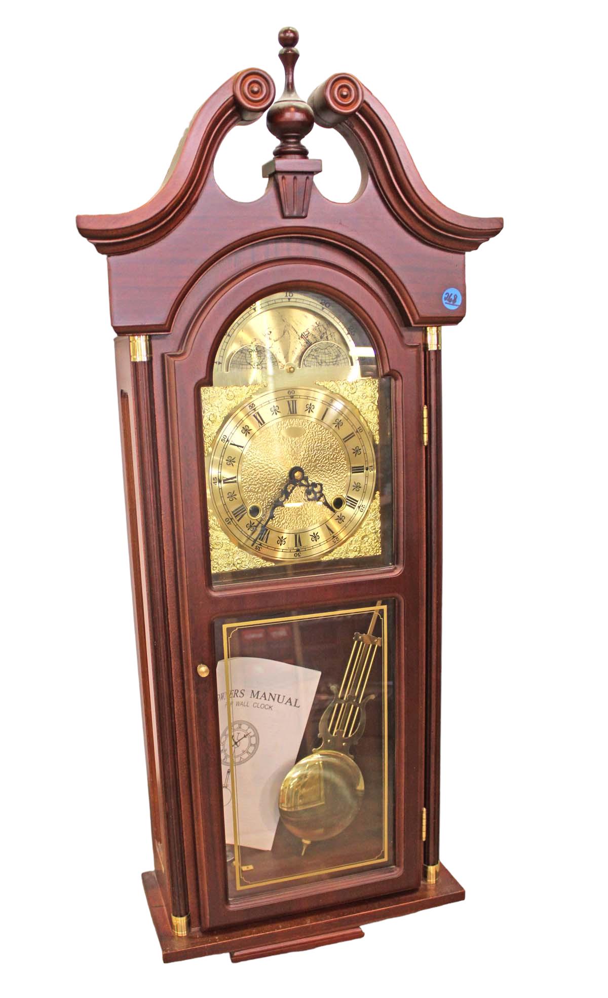 Mahogany case regulator style wall clock with key and pendulum (1 of 5)