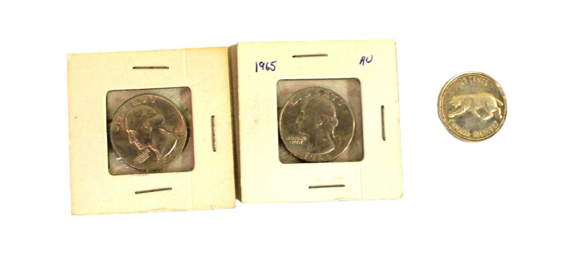 3 Miscellaneous coins, 2 Washington Quarters, 1 Canadian Quarter (1 of 3)