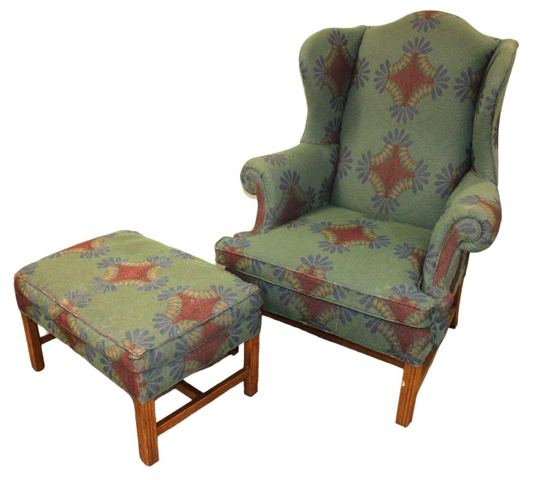 2pc Bob Timberlake high back upholstered wing chair with ottoman (1 of 6)