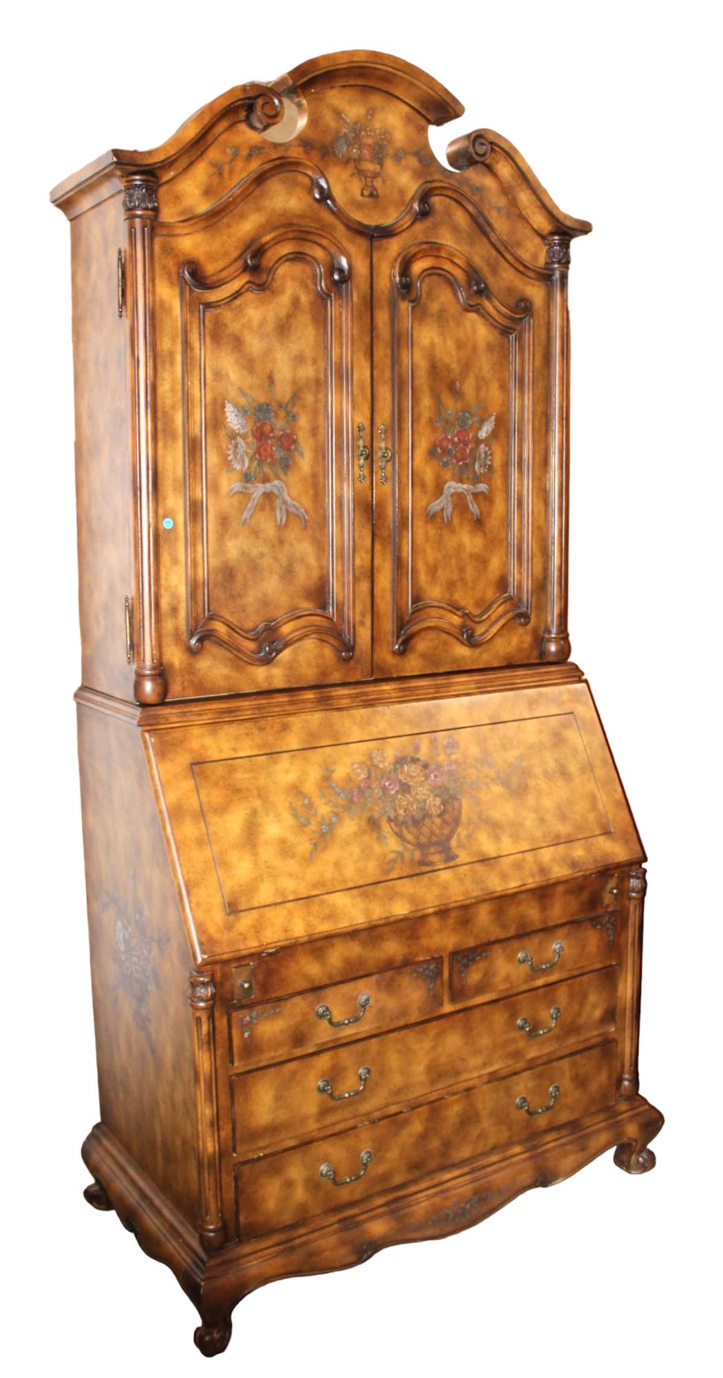 Beautiful 2pc paint decorated secretary with elaborate fitted interior blind door top (1 of 7)