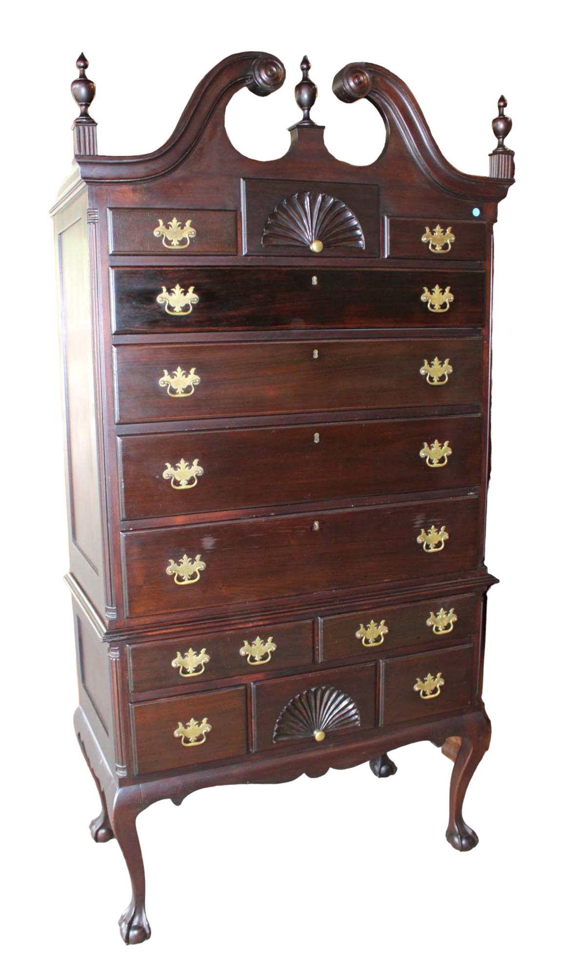Semi antique 2pc solid mahogany 10 drawer ball and claw high boy (1 of 5)