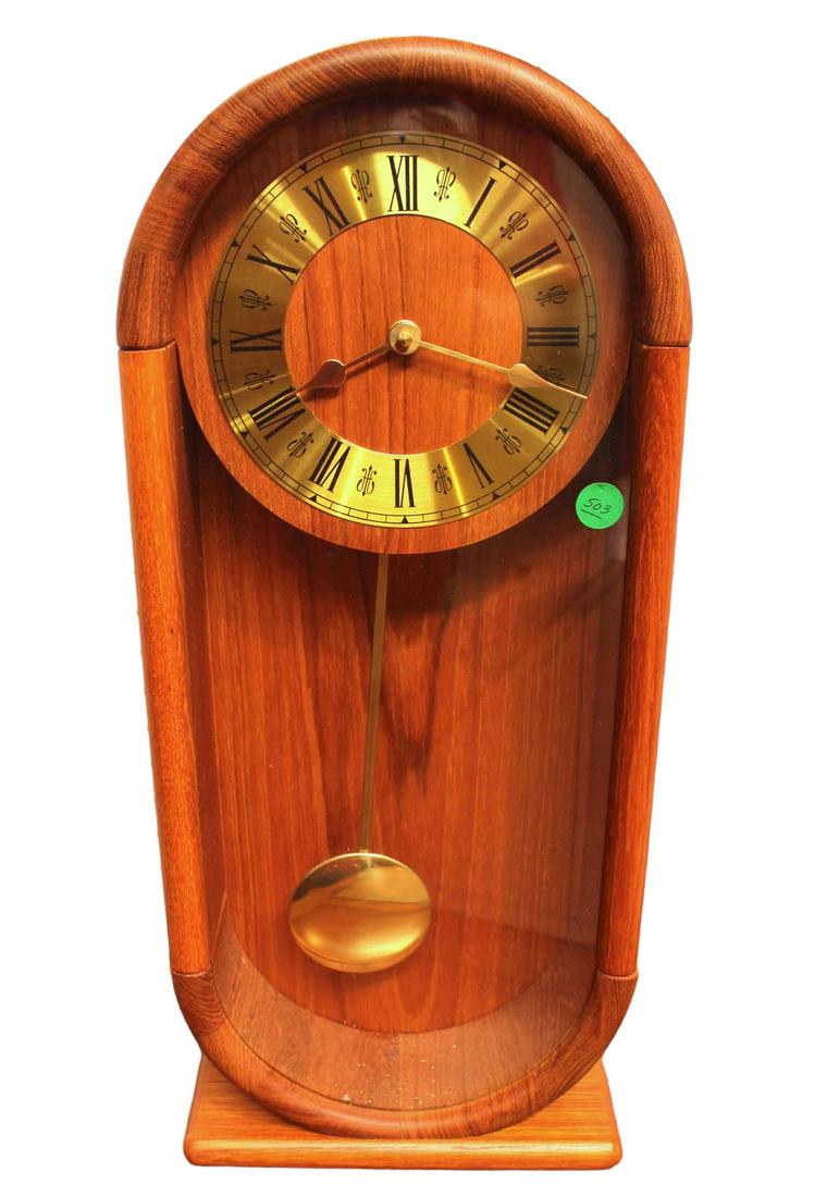 Mid century modern teak shelf clock made in Demark, Westminster design with quartz movement,  needs (1 of 4)