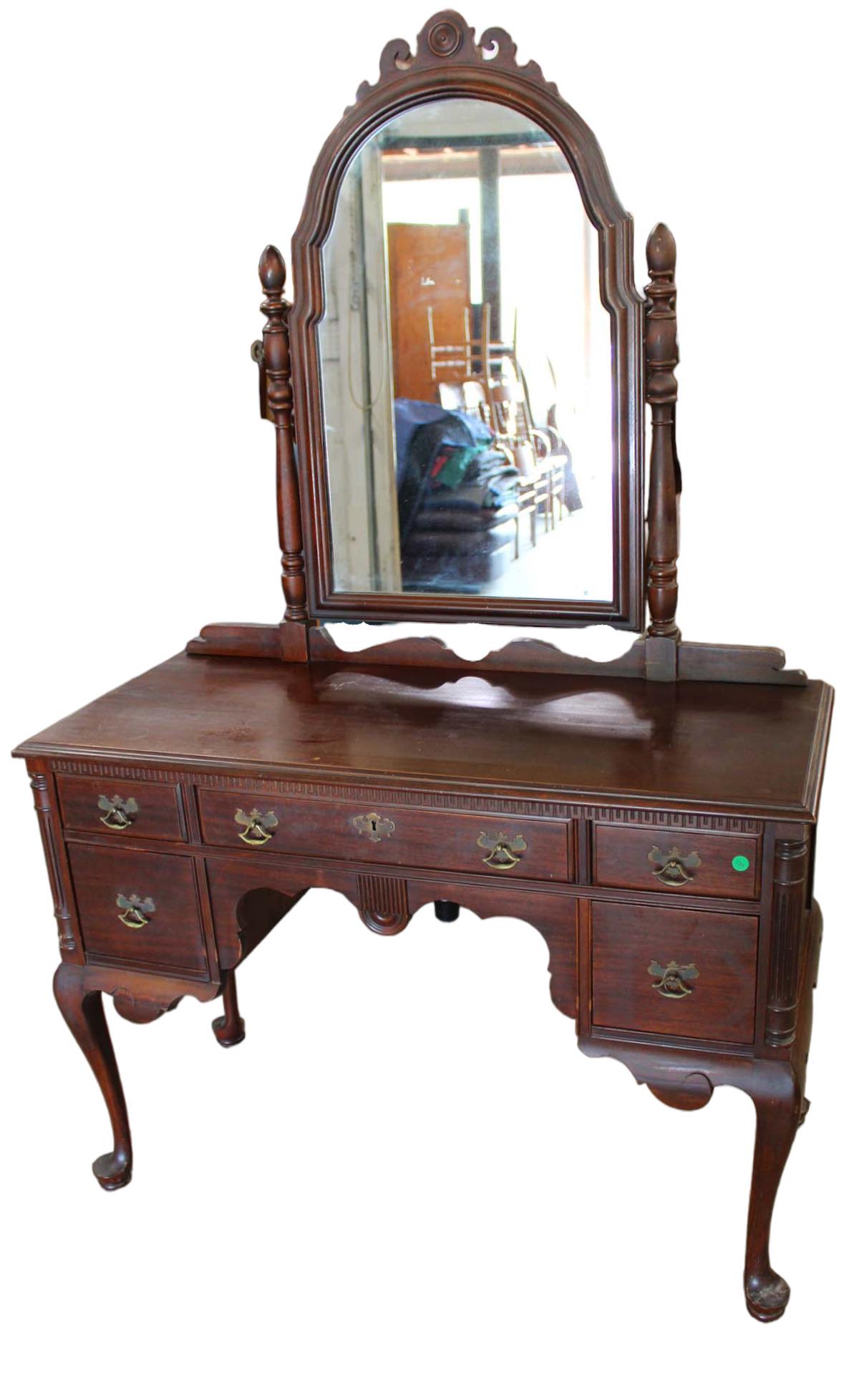 Vintage mahogany queen anne 5 drawer dressing vanity with mirror, original finish (1 of 5)