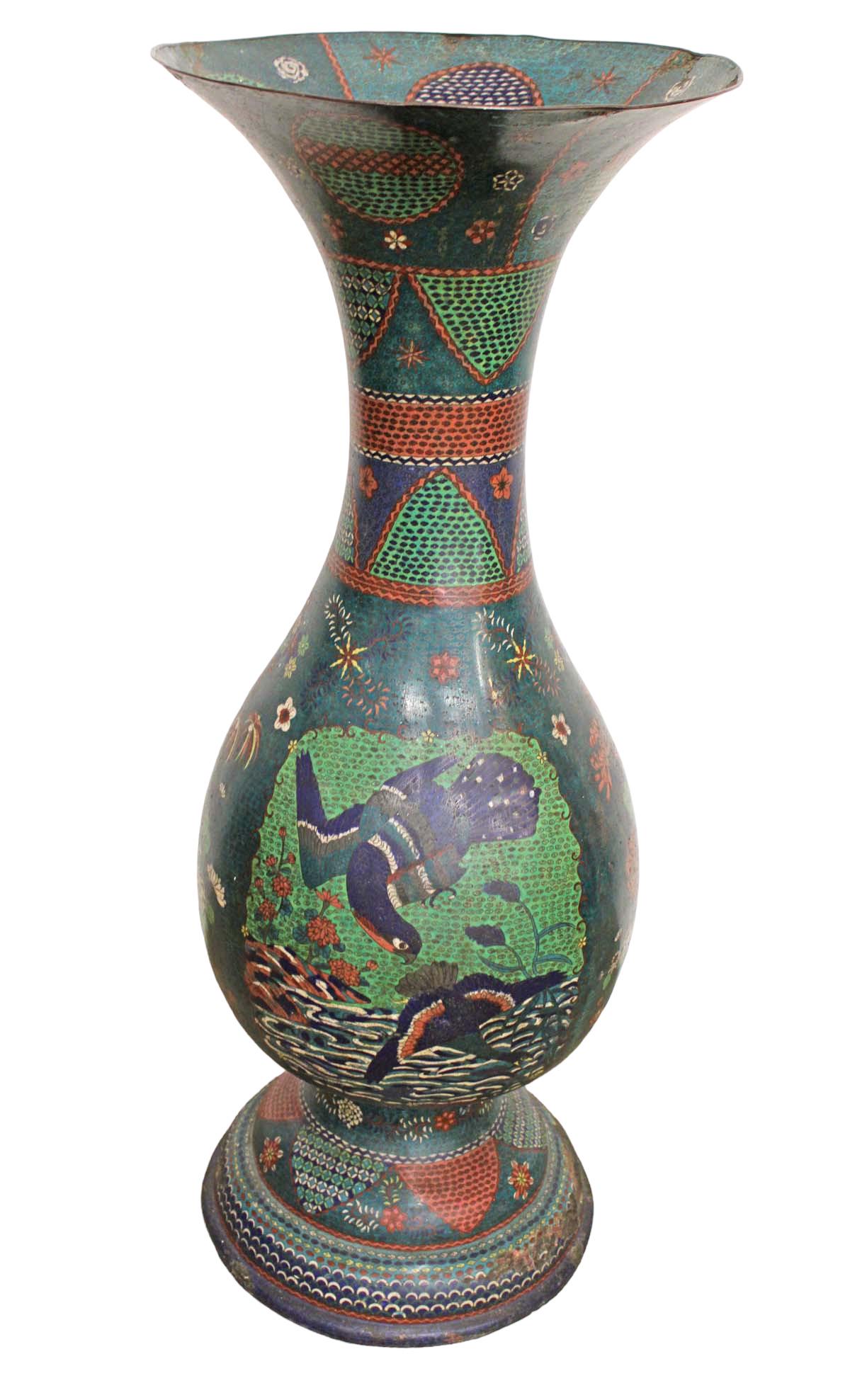 Palace size cloisonne decorator vase with peacocks and palm trees, flowers and more (1 of 6)