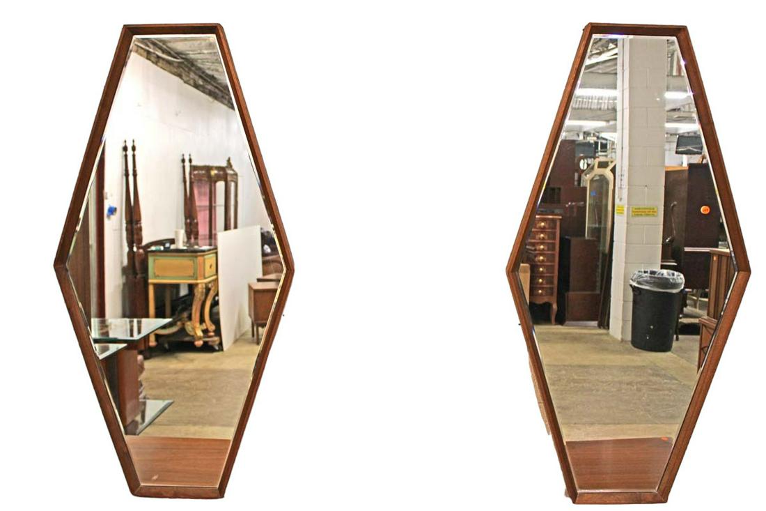 Pair MCM United walnut diamond coffin beveled mirrors diamond coffin style mirrors (1 of 4)