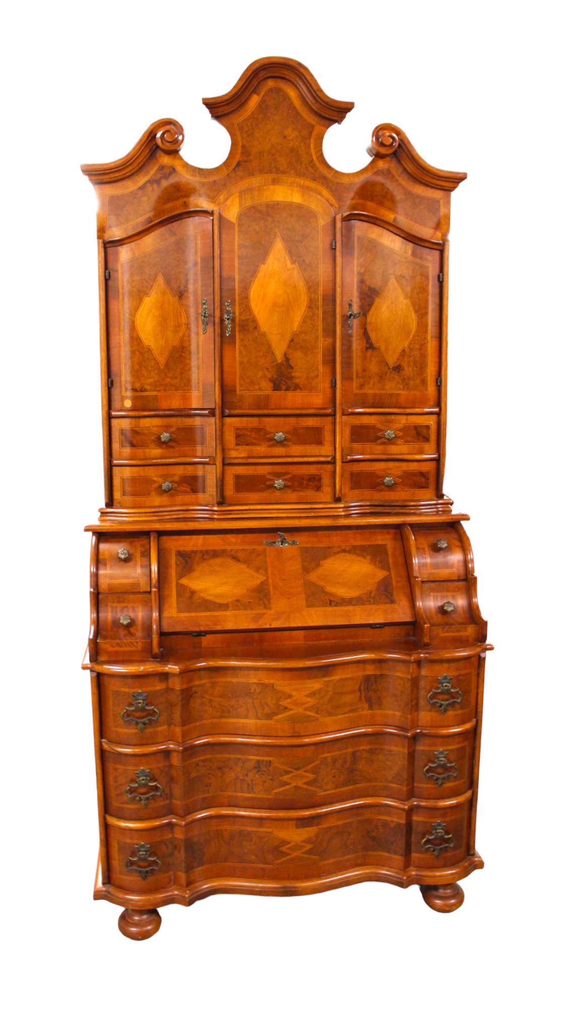 Vintage 2pc. italian inlaid mahogany burl walnut secretary desk with ornate bookcase top, 2 keys (1 of 6)