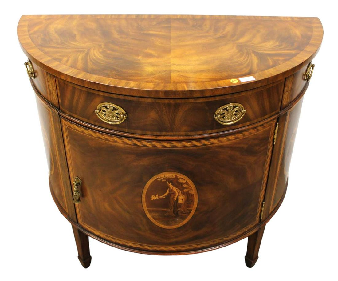 Nice Maitland Smith burl mahogany banded & inlaid demilune chest, structurally sound good condition: Nice Maitland Smith burl mahogany banded and inlaid 1 drawer 1 door demilune chest, structurally sound, good condition, 38"w x 19"d x 34"h